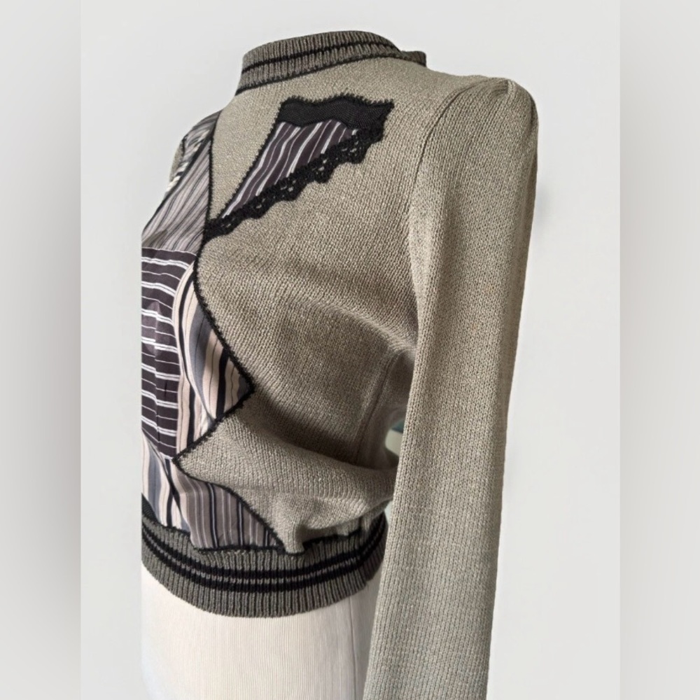 Gray Patchwork Knit Sweater Small Lace Striped Av… - image 7